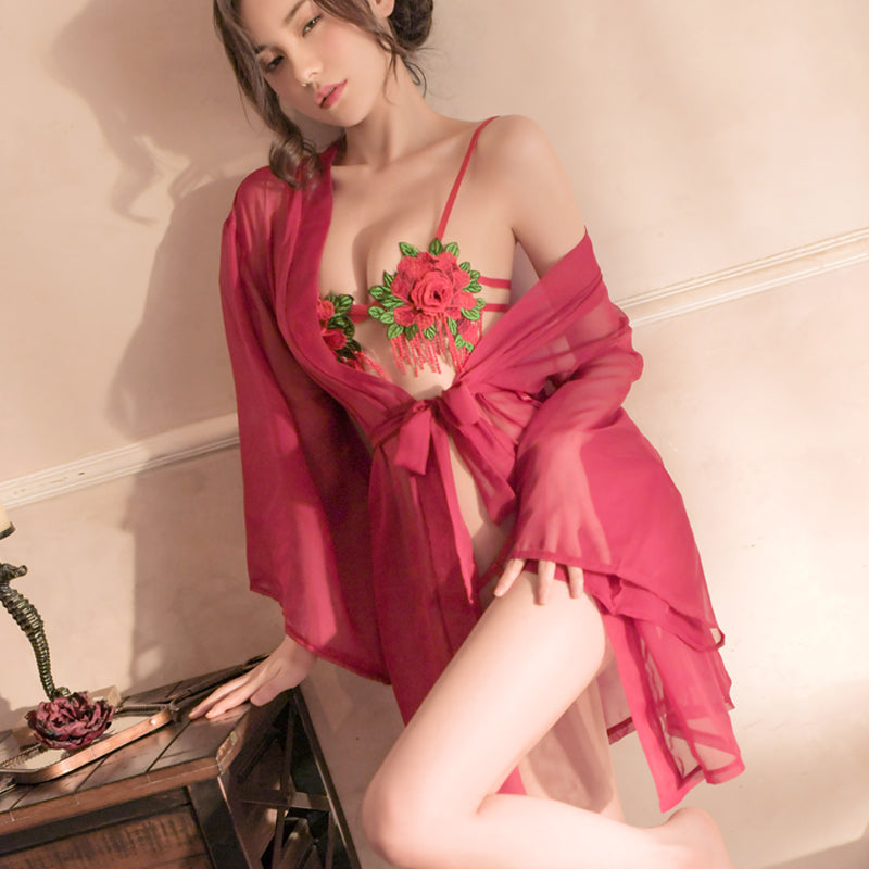 Rose Embroidered Three-piece Robe Set
