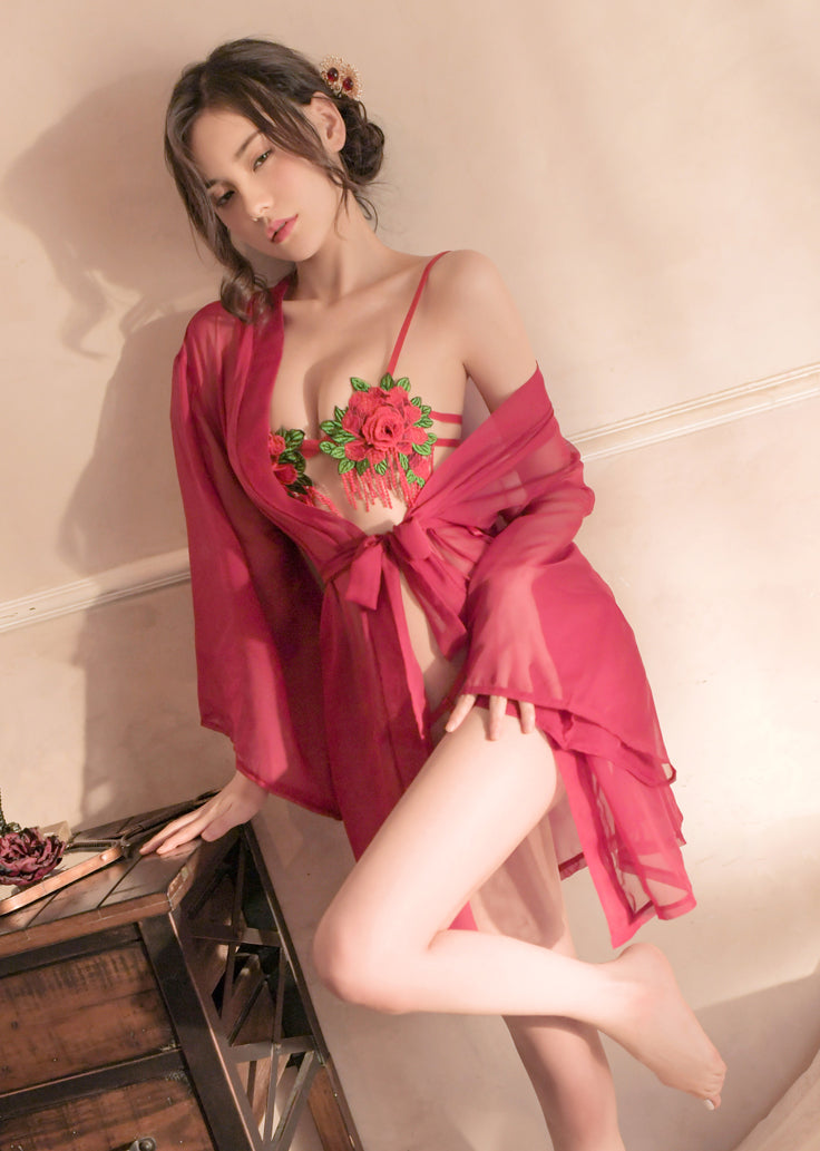 Rose Embroidered Three-piece Robe Set