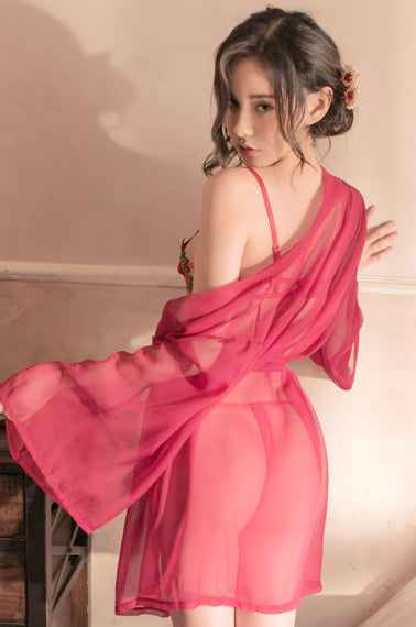 Rose Embroidered Three-piece Robe Set