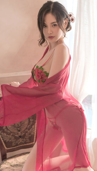 Rose Embroidered Three-piece Robe Set