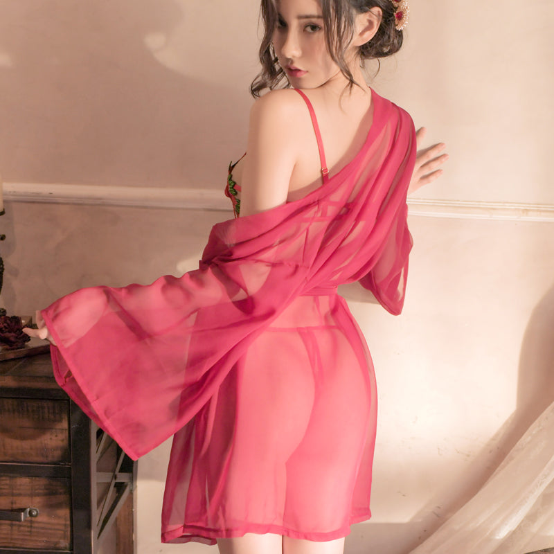 Rose Embroidered Three-piece Robe Set